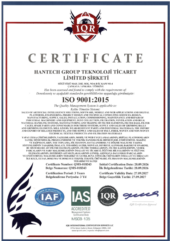 Hantech ISO 9001:2015 Belgesi