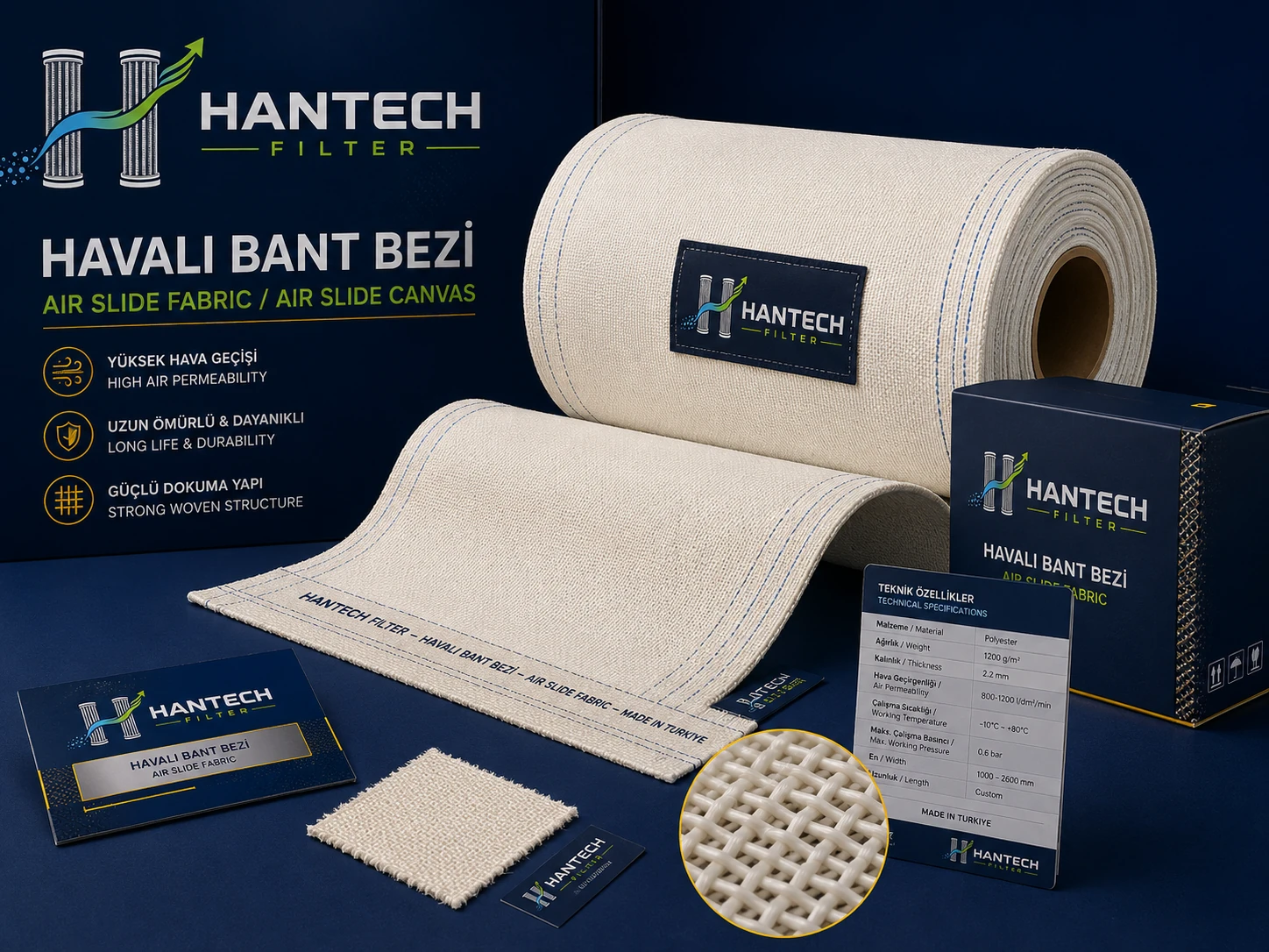 Hantech Filter Havalı Bant Bezi — Air slide fabric, air slide cloth ve çimento pnömatik taşıma bezleri.