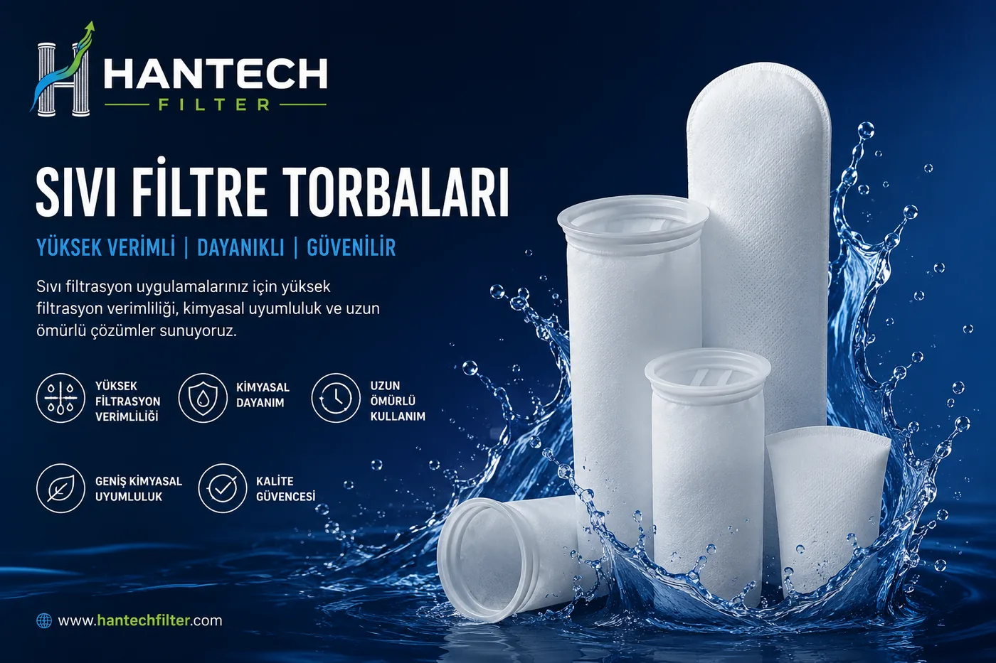 Hantech Filter Sıvı Filtrasyon — Sıvı prosesler için filtre torbaları, kartuş/torba filtre kabı seçimi ve kimyasal uyumlu filtrasyon çözümleri.